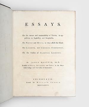 Bild des Verkufers fr Essays. On the nature and immutability of Truth, in opposition to Sophistry and Scepticism. On Poetry and Music, as they affect the Mind. On Laughter, and Ludicrous Composition. On the Utility of Classical Learning. zum Verkauf von Peter Harrington.  ABA/ ILAB.