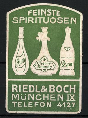 Immagine del venditore per Prge-Reklamemarke Feinste Spirituosen der Firma Riedl, Boch Mnchen, Flaschen Rum, Cherry-Brand, Cognac, grn venduto da Bartko-Reher