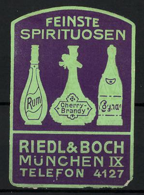 Immagine del venditore per Prge-Reklamemarke Feinste Spirituosen der Firma Riedl, Boch, Mnchen, Flaschen Rum, Cherry-Brandy, Cognac venduto da Bartko-Reher