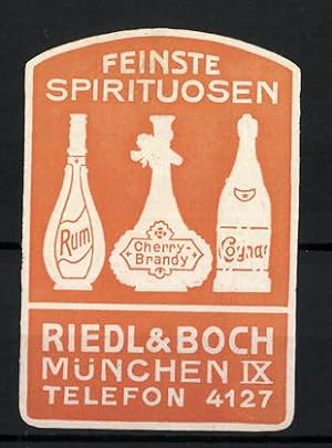 Immagine del venditore per Prge-Reklamemarke Feinste Spirituosen der Firma Riedl, Boch Mnchen, Flaschen Rum, Cherry-Brand, Cognac, orange venduto da Bartko-Reher
