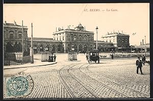 Ansichtskarte Reims, La Gare, Pferdekutsche, Bahnhof