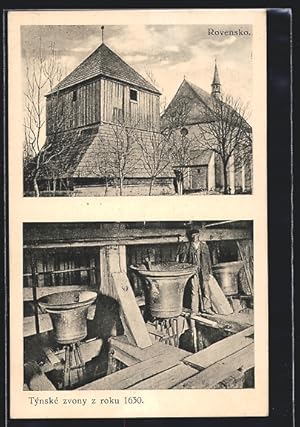 Ansichtskarte Rovensko pod Troskami, Ansicht der Kirche, Im Glockenstuhl