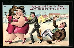 Bild des Verkufers fr Knstler-Ansichtskarte Bruno Brger, Ottillie Nr. 9424: Riesenmaid kam in Streit., Polizist fhrt Frau nach einem Streit ab zum Verkauf von Bartko-Reher