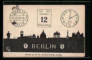 Künstler-Ansichtskarte Berlin, Stadtsilhouette, Kalenderblatt 11. Dezember 1913, Uhr, 11.12.13