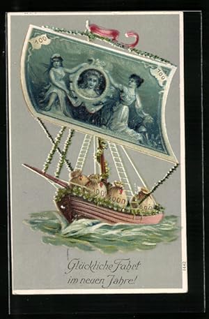 Ansichtskarte Neujahrsgruss, mit Geld beladenes Boot, Banknote als Segel