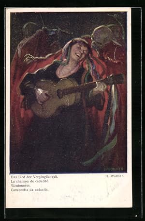 Künstler-Ansichtskarte F.J.Ostermann: Frau spielt Gitarre, Der Tod im Hintergrund