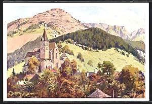 Imagen del vendedor de Knstler-Ansichtskarte Eisenerz, St. Oswald-Kirche mit Erzberg und Reichenstein a la venta por Bartko-Reher