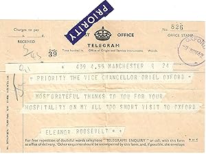 Imagen del vendedor de [Eleanor Roosevelt: the wife of the President's wartime visit to Britain.] Post Office Telegram from Mrs Roosevelt, thanking Vice-Chancellor Sir David Ross for hospitality of Oxford University. a la venta por Richard M. Ford Ltd