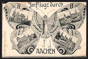 Schmetterling-Ansichtskarte Aachen, Rathaus, Münster, Theater, Bilder auf Flügeln eines menschlic...