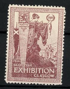 Bild des Verkufers fr Reklamemarke Glasgow, Scottish Exhibition 1911, Gttin mit Ehrenkranz predigt am Stadtrand zum Verkauf von Bartko-Reher