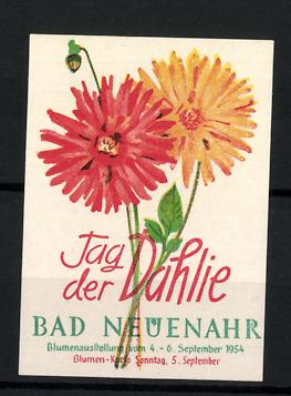 Bild des Verkufers fr Reklamemarke Bad Neuenahr, Blumenausstellung, Tag der Dahlie 1954, zwei Blumen zum Verkauf von Bartko-Reher
