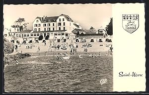 Carte postale Saint-Marc, Strandpartie avec Restaurant, armoiries