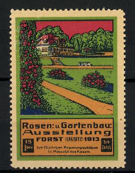 Bild des Verkufers fr Reklamemarke Forst / Lausitz, Rosen- und Gartenbau-Ausstellung 1913, Haus mit grossem Garten zum Verkauf von Bartko-Reher