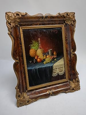 Bild des Verkufers fr Stillleben Obst & Wein auf Tisch l auf Karton auf Holz, gerahmt zum Verkauf von Leipziger Antiquariat