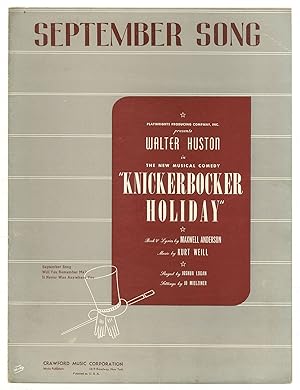 Bild des Verkufers fr [Sheet music]: September Song (from Knickerbocker Holiday) zum Verkauf von Between the Covers-Rare Books, Inc. ABAA