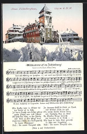 Ansichtskarte Neues Fichtelberghaus, Lied Willkumme of`en Fichtelbarg