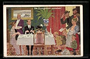 Seller image for Knstler-Ansichtskarte H.S.B.: Weimarer Republik, die Zwangsmieter erscheinen, eine arme und eine reiche Familie am Tisch for sale by Bartko-Reher