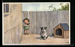 Seller image for Knstler-Ansichtskarte H.S.B.: Knabe verteidigt seine Schinken vor einem an der Hundehtte angeleinten Hund for sale by Bartko-Reher
