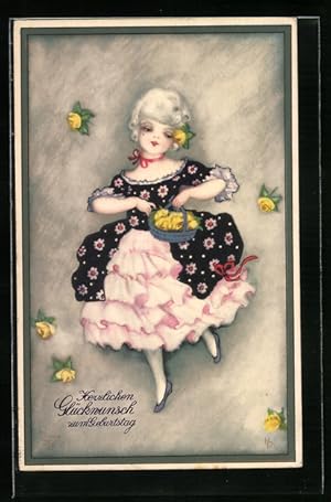 Bild des Verkufers fr Knstler-Ansichtskarte Hannes Petersen: Mdchen in rosafarbenen Kleid und schwarzem berkleid verstreut gelbe Rosen zum Verkauf von Bartko-Reher