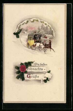 Ansichtskarte Postkutsche passiert ein verscheintes Dörflein, Weihnachtsgruss