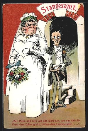 Künstler-Ansichtskarte frauenfeindlicher Humor, satirische Darstellung einer Ehe, die kräftige Fr...