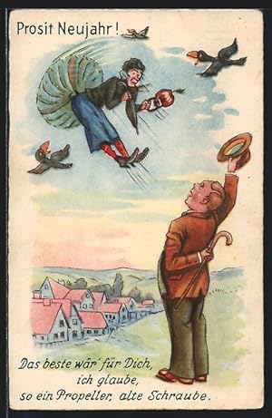 Ansichtskarte Gräfin Zeppelin, Frau hebt mit Propeller am Hintern ab, Mann winkt erfreut zum Absc...