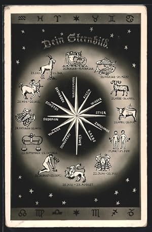 Ansichtskarte Die 12 Sternzeichen in ihrer Reihenfolge mit ihren Symbolen