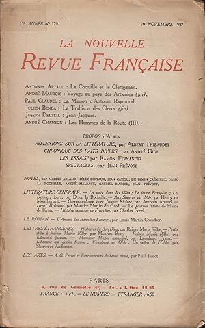 Imagen del vendedor de La Nouvelle Revue Franaise Novembre 1927 N 170 a la venta por PRISCA