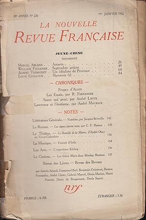 Image du vendeur pour La Nouvelle Revue Française Janvier 1932 N° 220 mis en vente par PRISCA