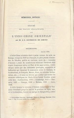 Imagen del vendedor de Rsum des travaux gographiques sur l'Indo-Chine orientale ; Note sur le projet de cration en Algrie d'une mer dite intrieure a la venta por PRISCA