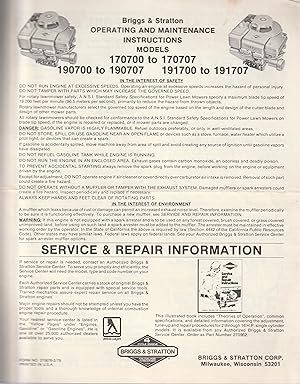 Imagen del vendedor de Briggs & Stratton Operating and Maintenance Instructions for Models 170700 to 170707, 190700 to 190707, 191700 to 191707 a la venta por Book Booth
