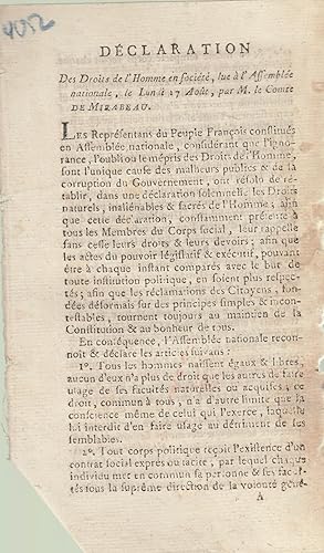 Seller image for Dclaration des droits de l'homme en socit, lue  l'Assemble nationale, le lundi 17 aot 1789 for sale by PRISCA