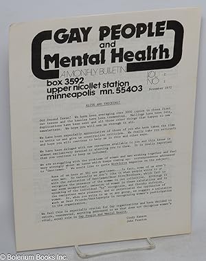 Gay People and Mental Health: a monthly bulletin; vol. 1, no. 2, November 1972