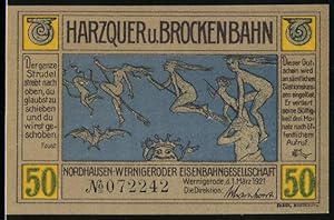Image du vendeur pour Notgeld Wernigerode 1921, 50 Pfennig, Harzquer u. Brockenbahn, Hexen mis en vente par Bartko-Reher