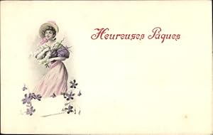 Ansichtskarte / Postkarte Glückwunsch Ostern, Frau mit Weidenkätzchen, Veilchen