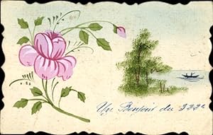 Handgemalt Ansichtskarte / Postkarte Rosenblüt, Boot auf dem Wasser