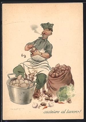 Artista-Cartolina Cuciniere al alvoro, italienischer Soldat als Kartoffelschäler