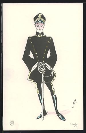 Artista-Cartolina Italienischer Soldat in schwarzer Uniform mit Degen und Schirmmütze