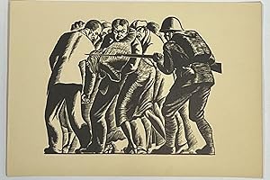 [Linocut of a Soldier with Rifle and Bayonette Prodding People Forward]