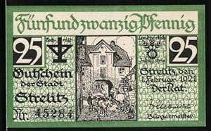 Bild des Verkufers fr Notgeld Strelitz 1921, 25 Pfennig, Strassenpartie mit Fuhrwerk, Mann mit Glocke in der Hand verliest eine Neuigkeit zum Verkauf von Bartko-Reher