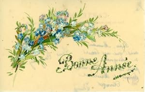 Zelluloid Glitzer Ansichtskarte / Postkarte Glückwunsch Neujahr, Blumenstrauß, Vergissmeinnicht