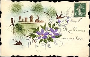 Handgemalt Ansichtskarte / Postkarte Blüten, Vögel, Landschaft