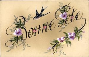 Handgemalt Ansichtskarte / Postkarte Glückwunsch, Schwalbe, Blüten