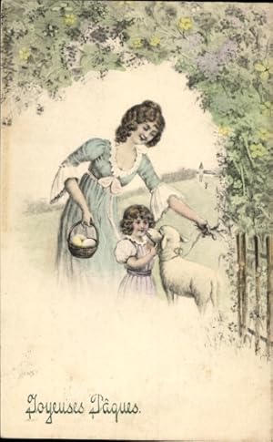 Ansichtskarte / Postkarte Glückwunsch Ostern, Frau und Mädchen mit Lamm und Ostereiern