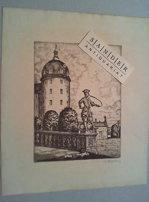Piqueur vor Schloß Moritzburg. Radierung, um 1930. Unterhalb der Darstellung vom Künstler eigenhä...