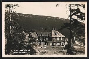 Ansichtskarte Adolfbaude, Blick auf Baude und Riesengebirge