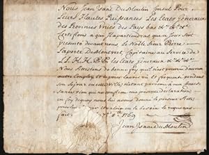 Seller image for Getuigschrift ten behoeve van Pierre Laporte de Montvert, kapitein in dienst van de Republiek der Verenigde Nederlanden, tijdens zijn verblijf in Genua (1769). for sale by Fokas Holthuis