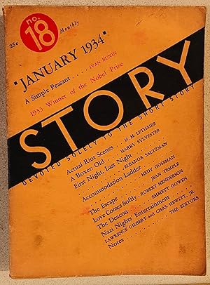 Image du vendeur pour Story January 1934 Devoted Solely To The Short Story / Ivan Bunin "A Simple Peasant" / H M Le Tissues "Actual Riot Scenes" / Eleanor Saltzman "First Night, Last Night" / Jean Temple "The Escape" / Hedy Verena Gossman "Accommodation Ladder" / Emmett Gowen "The Deacon" / Harry Sylvester "A Boxer: Old" / Robert Henderson "Love Comes Softly" mis en vente par Shore Books