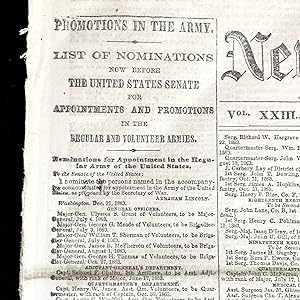 1864 CIVIL WAR newspaper with Front-Page Devoted to Abraham Lincoln Nominations for Officer Promo...