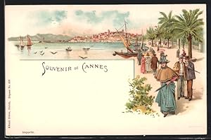 Lithographie Cannes, le portansicht avec Spaziergängern